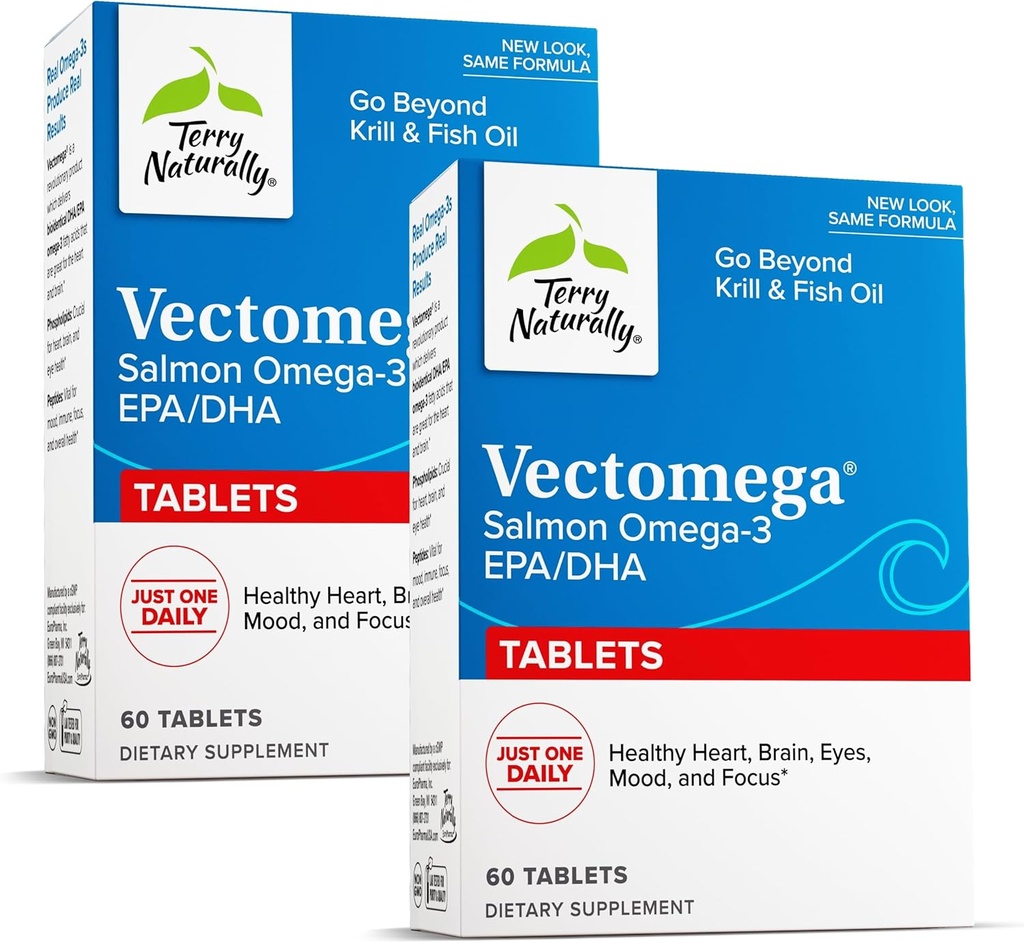Terry Naturally Vectoga - Supplement with EPA & DHA - Omega-3 Tablets for Brain & Heart Health Support - Nutritional Supplement with Essential Fatty Acids & Peptiden - 60 Tablets (pack of 2)