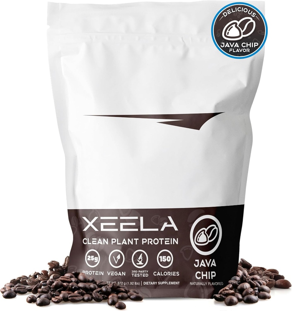 XEELA Plant Based Vegan Protein Powder - Onafhankelijk getest - 25 g hoog eiwit, Pea Protein voor mannen en vrouwen - Vitaminen en mineralen, niet genetisch gemodificeerd, zuivel en glutenvrij, laag koolstofgehalte (Java Chip)