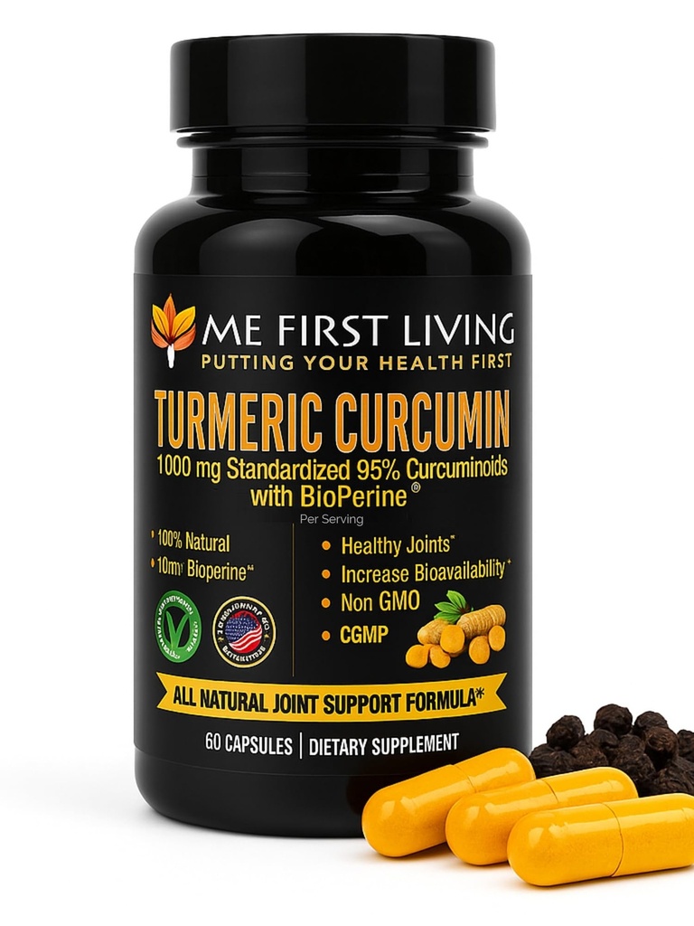 Me First Living Turmeric Curcumin 1000 mg 95% Curcuminoïden, Bioperine 10 mg, 19x meer potent dan anderen, verhoogde absorptie, non-GMO, biologische kurkuma, veganist, glutenvrij, 60 capsules