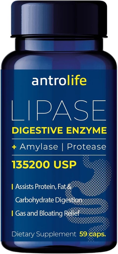 ANTROLIFE Digestief Health Supplement - Enzymen met Lipase Nutritional Supplements & Amylase for Digestief Comfort - Dieetsupplement - 59 Capsules