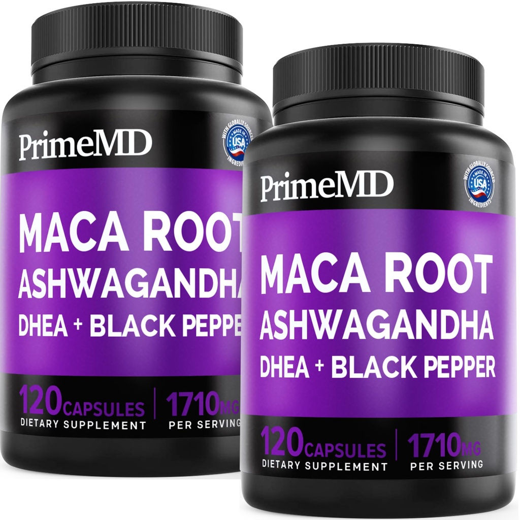 6-in-1 Biologische Maca Root Ashwagandha Capsules 1710mg met DHEA en Black Pepper Fruit Extract voor vrouwen en mannen - Black Maca Supplement voor uithoudingsvermogen, Bone and Mood Support Supplement, 120ct (Pack of 2)