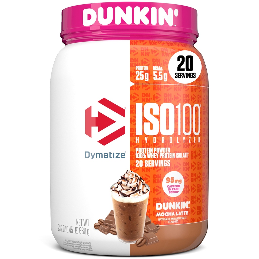 Dymatize x Dunkin' Mocha Latte ISO100 Wei Proteïnepoeder, 95mg Cafeïne, 25g Proteïne, 5.5g BCAA's, 120 Cal., Glutenvrij, 1g Vet, 1g Suiker, 3g Carb (20 Servers)
