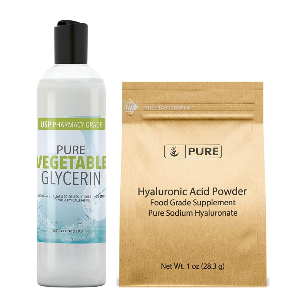 PURE ORIGINEEL INGREDIËNTEN Hyaluronzuur en plantaardige Glycerine bundel, diverse maten, Food Grade, Oderless