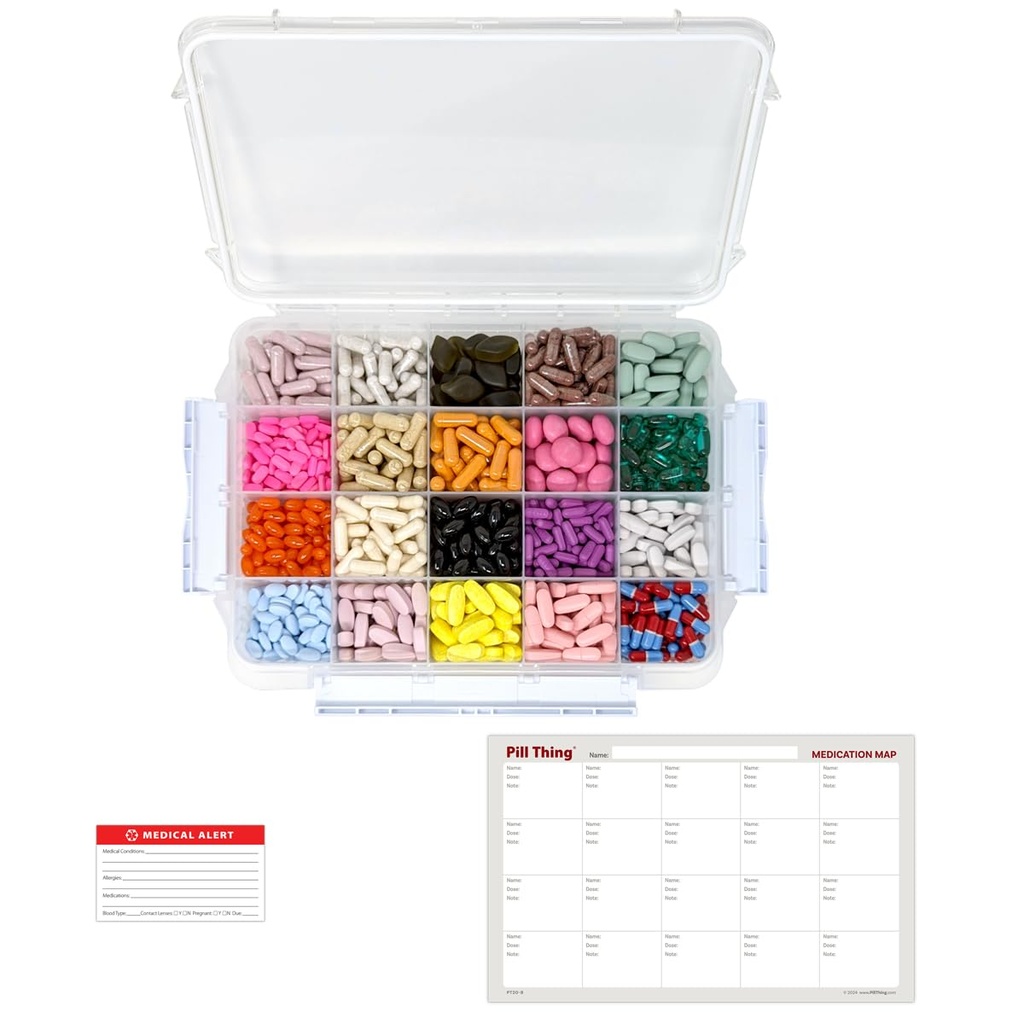20 Compartiment Grote Pillenkast met luchtdichte Seal - Siliconen pakking Waterdichte Med Box met Medicijnkaart (20 Compartiment, 1 Pack)