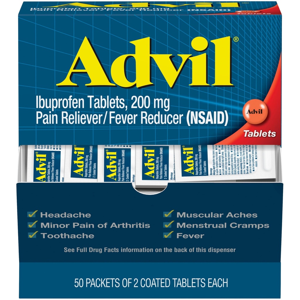 Advil Pain Reliver and Fever Reducer, Pain Relief Medicine met Ibuprofen 200mg voor hoofdpijn, rugpijn, menstruele pijn en gewrichtspijn Relief - 50x2 gecoate tabletten