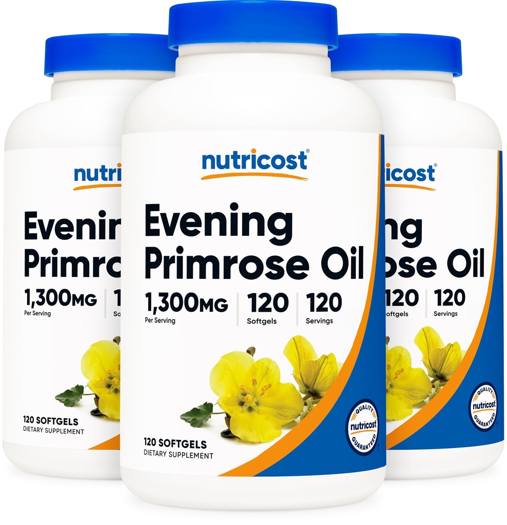 Nutricost Avond Primrose Oil 1,300mg, 120 Softgels (3 flessen) - Non-GMO, Glutenvrij, 120 porties