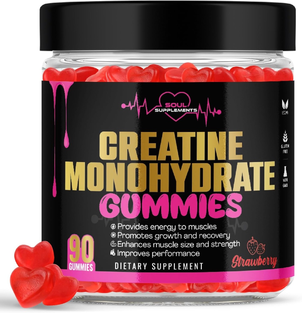 Generieke Creatine Monohydraat Gummies voor spierherstel, spieraanwinst en sterkte, energiefocus en gezondheid van de hersenen, glutenvrij, niet GGO, veganistisch supplement voor mannen en vrouwen, 30 porties 90 ct