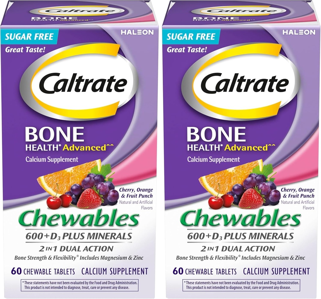 Caltrate Chewables 600 Plus D3 Plus Mineralen Calcium Vitamine D Supplement, Cherry, Orange en Fruit Punch - 60 Tellen (pakket van 2)