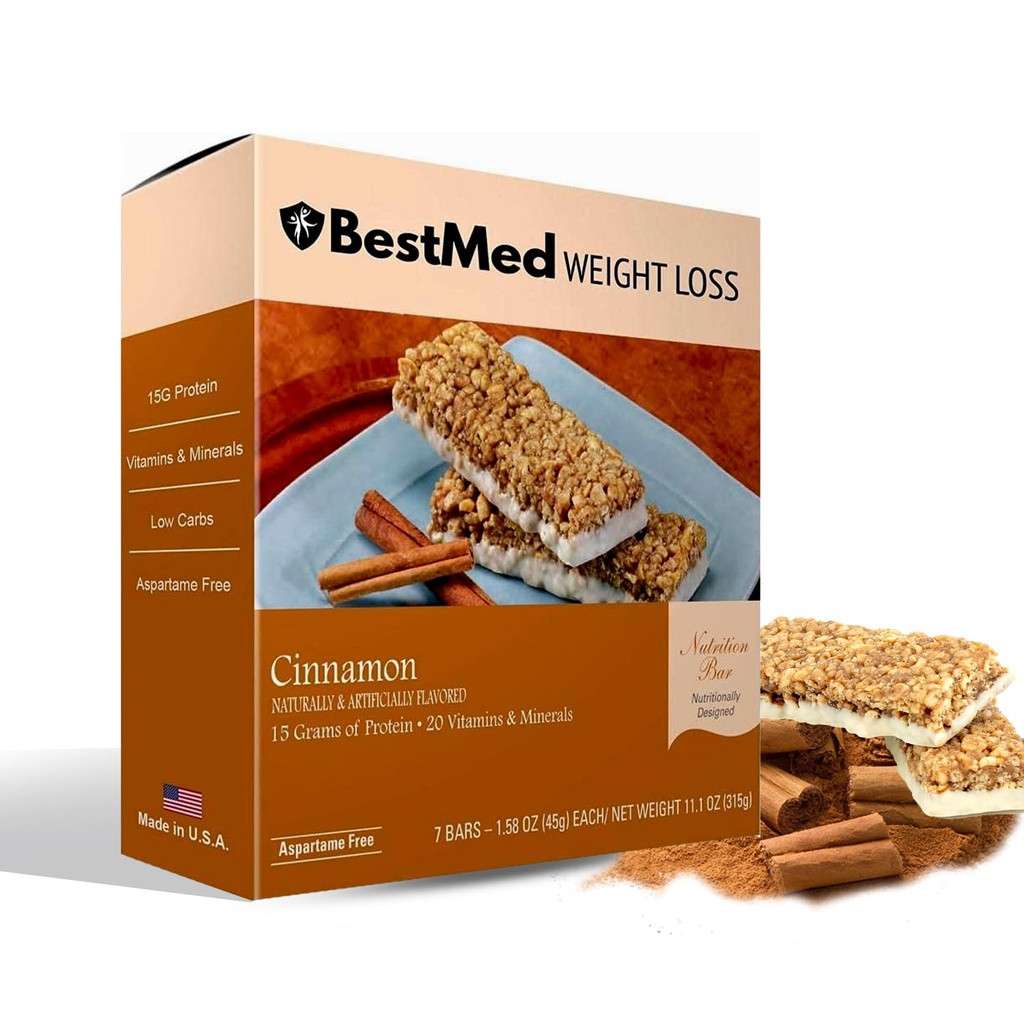 BestMed - High Protein Nutrition Bar - Low-Carb, 15g Proteïne, Low Sugar, Low Calorie, Meal Replacement Bar (Cinnamon, 1 Box - 7 Tellen)