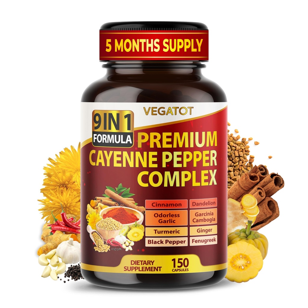 Biologische Cayenne Pepper 9IN1 Complex met kaneel, gember, Kurkuma voor algemene gezondheid, immuunsysteem, spijsvertering Wellness (150 Tel (Pack of 1))