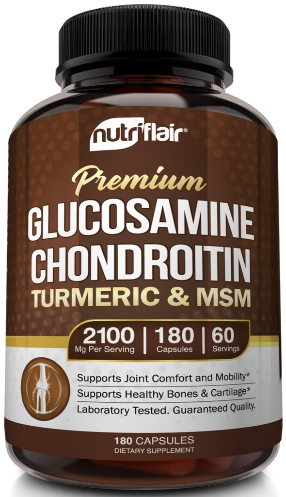 NutriFlair Glucosamine Chondroitin Turmeric MSM Boswellia, 180 Capsules - Joint Comfort Supplement - Natural & Non-GMO - Antioxidant Pillen - Ondersteunt Terug, knieën, handen, gewrichten, Cartilage