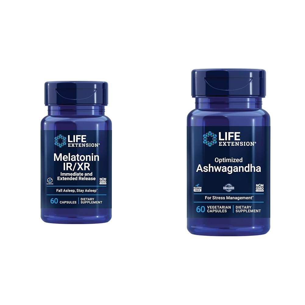 Levensverlenging Melatonine IR/XR & geoptimaliseerd Ashwagandha - Slaap, Stress Relief, Focus, Geheugen - 60 Capsules