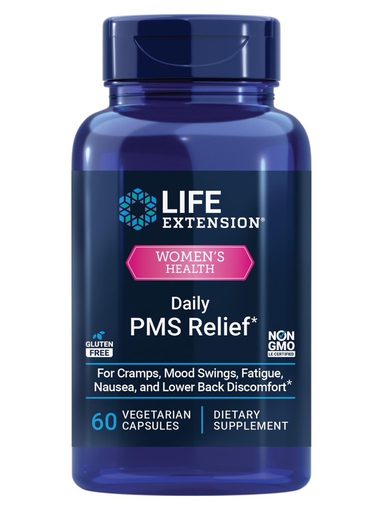Life Extension Daily PMS Relief, Menstrual Comfort Supplement, PMS-verwante kraampjes, Lagere Rugklachten, Goed, Gember, Magnesium, B6, Glutenvrij, Non-GMO, 60 Capsules