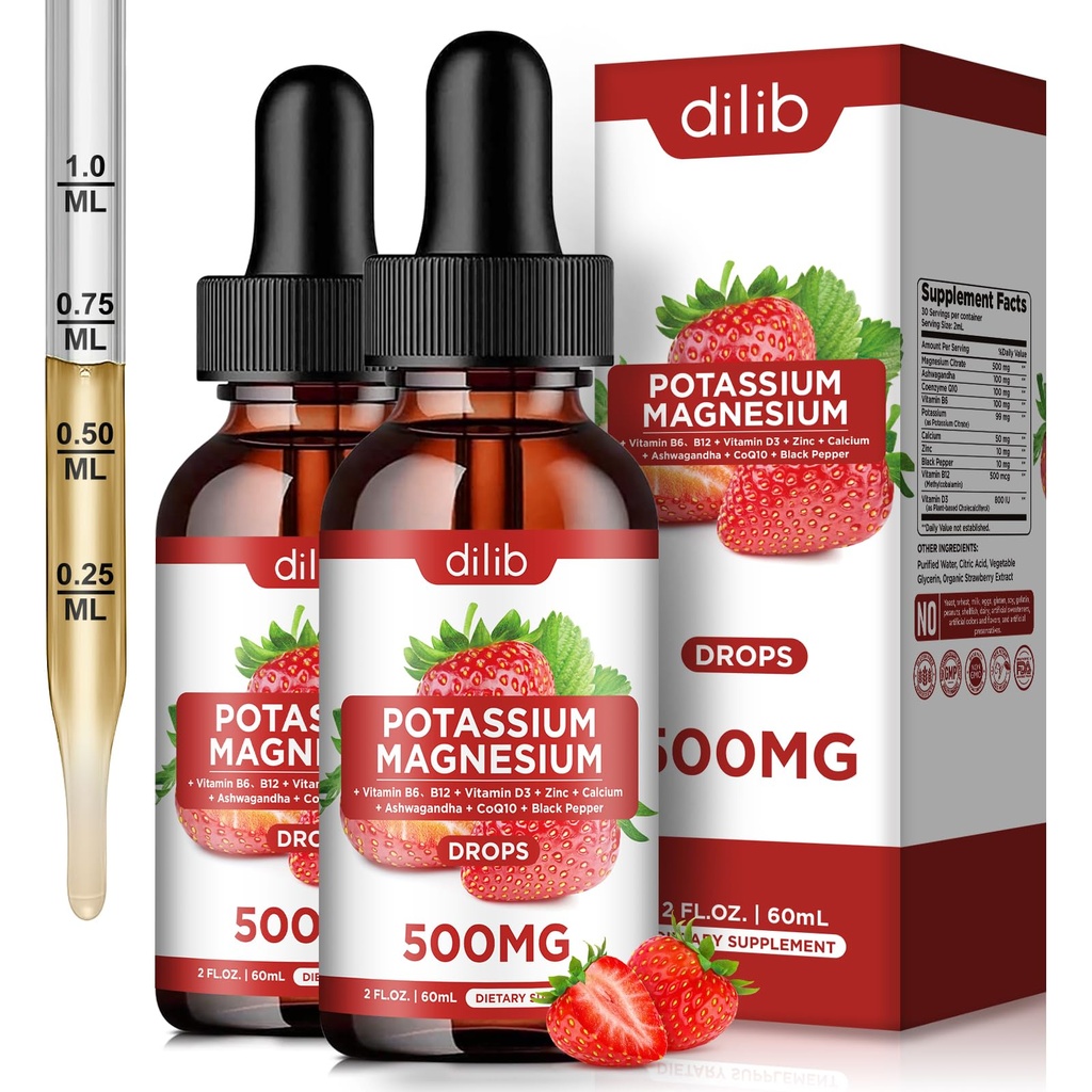 Kalium Magnesium Citrate Supplement, vloeibare Magnesium Citrate Drops 500mg met Ashwagandha, Calcium, Zink, Vitamine D3, B6, B12, CoQ10 - Ondersteuning Kalm & Bone & Muscle & Immune Health Vegan 2 Pack