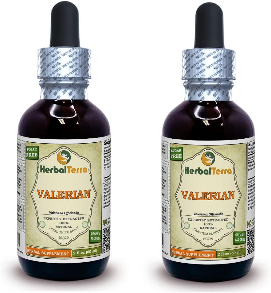 Valeriaan (Valeriana officinalis) Tinctuur, Organisch gedroogd Roots Liquid Extract (Brand Name: HerbalTerra, Trots Made in USA) 2x2 fl.oz (2x60 ml)