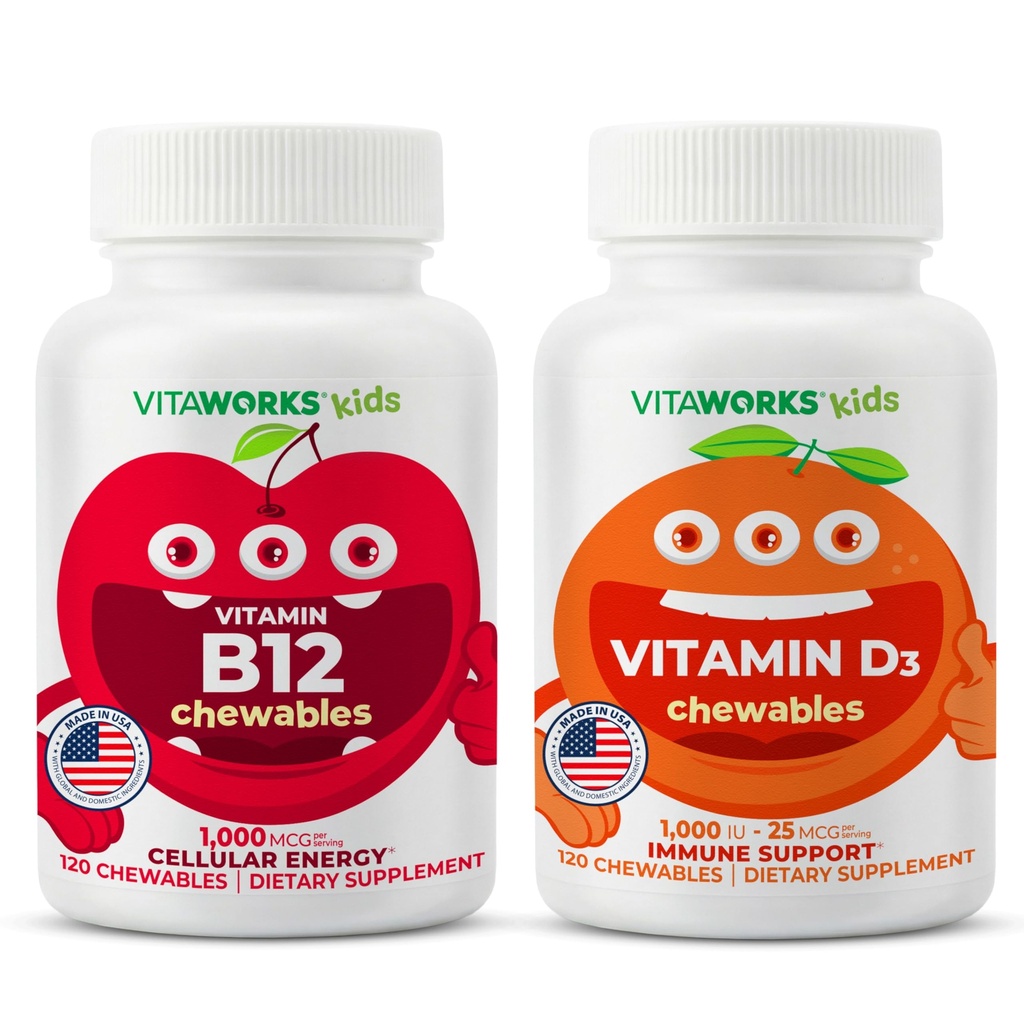 Kinderen Vitamine B12 Kauwtabletten + Vitamine D3 1000 IE Kauwtabletten Bundel