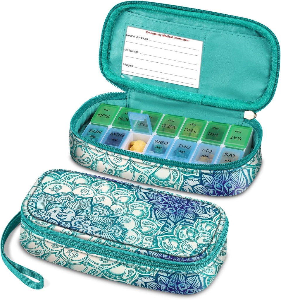 FINPAC Weekly Pillen Organisators, Travel Pill Case 7 Day AM/PM Medicine Container en Dispenser Twee keer een dag pil Box met noodkaart voor medische supplementen, vitamines (Emerald Illusies)