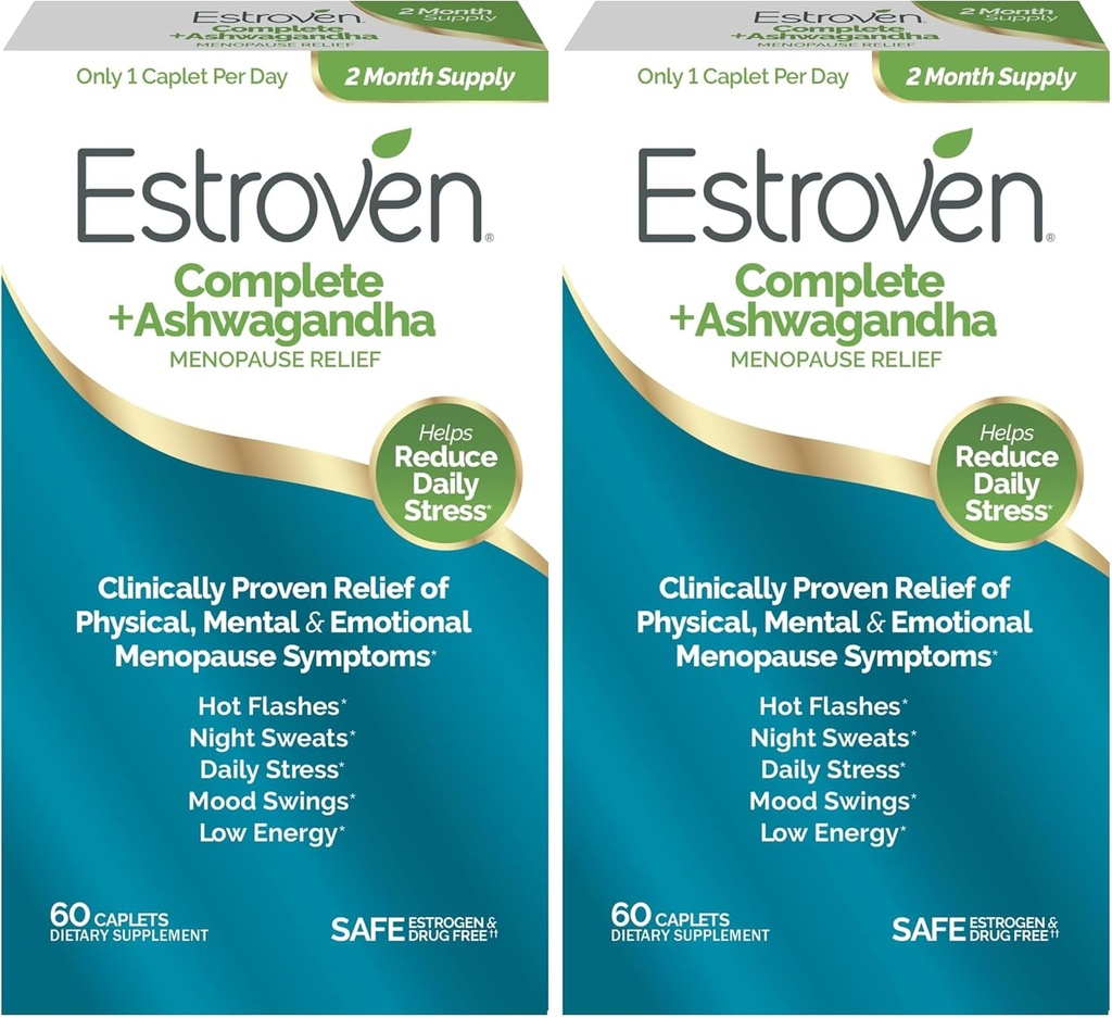 Estroven Complete + Ashwagandha Multi-Symptom Menopause Supplement for Women - Clinically Proven Ingredients Provide Menopause Relief & Night Sweats + Hot Flash Relief* - 4 Month Supply (Pack of 2)
