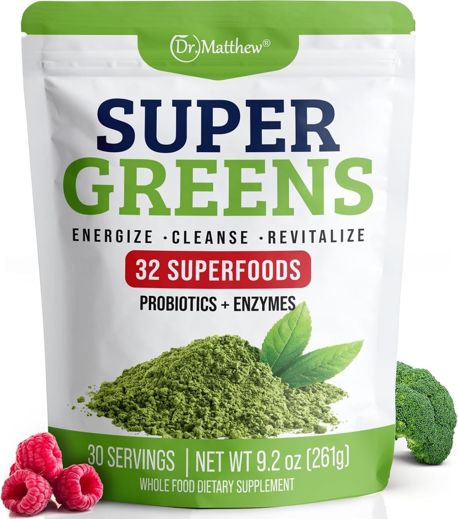 Green Juice Powder. Supergreens Superfood Poeder. Detox Greens voor opgeblazen gevoel en digestie. Veggiepoeder met probiotica en enzymen. Chlorella, Spirulina, Tarwegras, Ashwagandha. 32 Superfoods