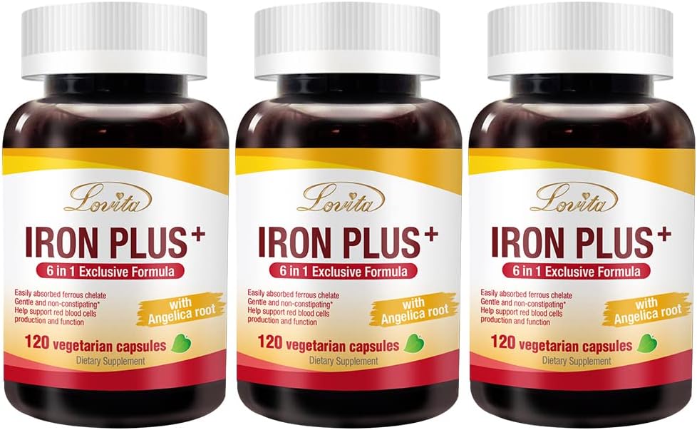 Lovita Iron 18 mg, 6 in 1 IJzersupplement voor vrouwen, met vitamine C, Dong Quai & B12, Vegan vitamine ter ondersteuning van de productie van rode bloedcellen zonder constipatie, 120 capsules (verpakking van 3)