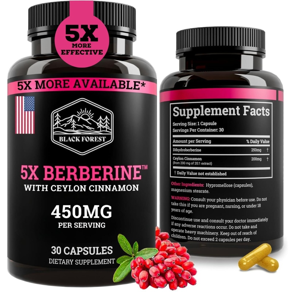 Black Forest 5X Berberine a Dihydroberine Supplement (Super Berberine Nu 5X Effectiever dan Regular Berberine HCL) Beste Dihydroberine met Ceylon Cinnamon - Vergelijkbaar met Berberine Phytosome
