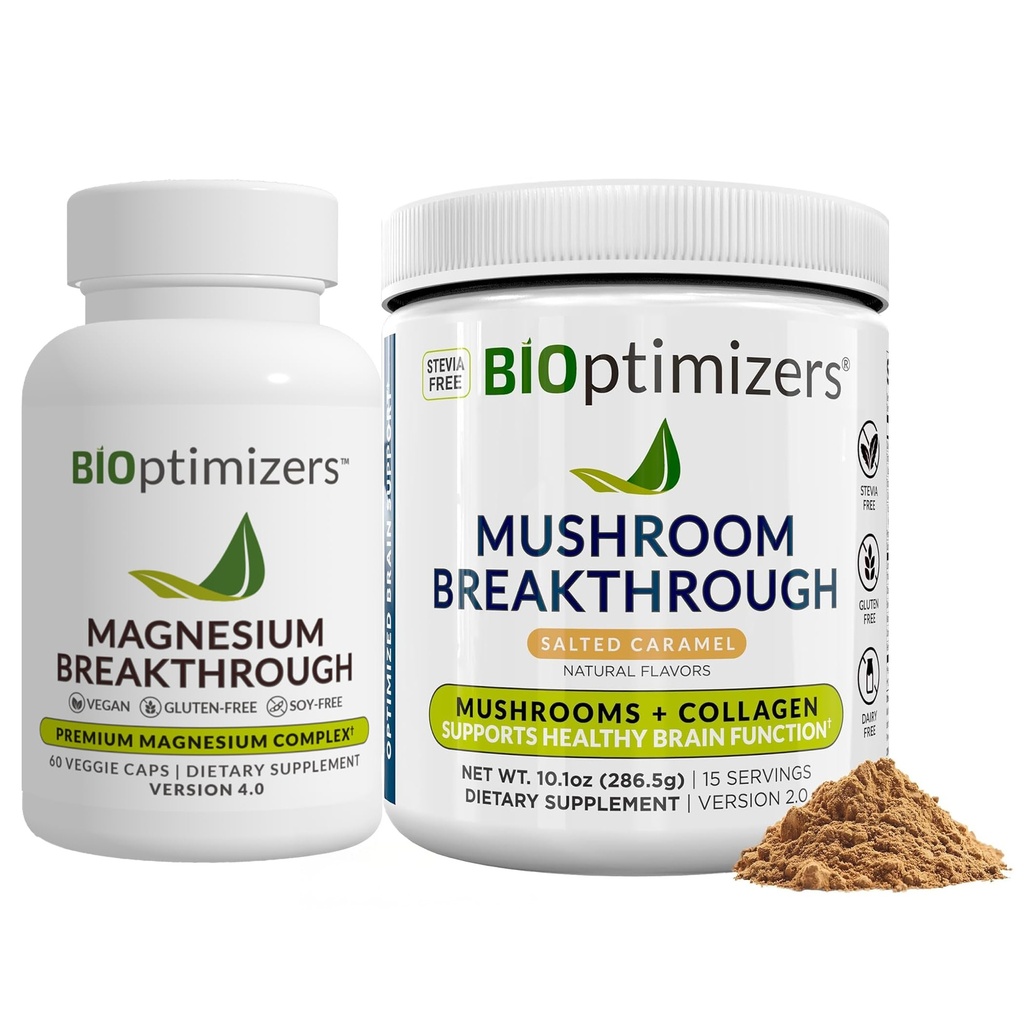 BiOptimisers Magnesium Doorbraak 4.0, (60 capsules) & Mushroom Doorbraakpoeder (Salted Caramel, 15 porties) - Natuurlijke Slaap en Hersen Superfood & Supplement Bundle