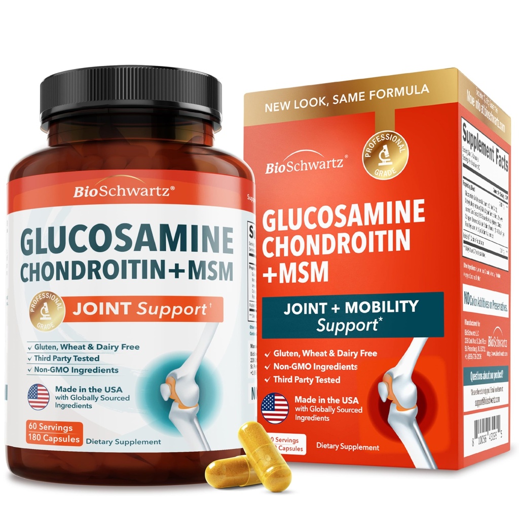 Glucosamine Chondroitin MSM Joint Support Supplement - Collageen Peptides, Kurkuma en Gember, Hyaluronzuur, Glucosamine Chondroitin Sulfaat voor Joint Comfort - Glutenvrij, Niet GGO, 180 Capsules