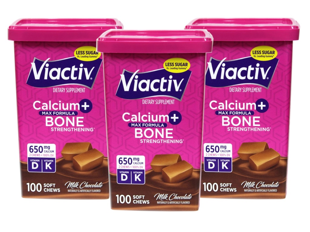 Viactiv Max Formule Calcium + Vitamine D3 Supplement voor Bone Health Melkchocolate, 100 Zachte Kauwen - 3 Pack