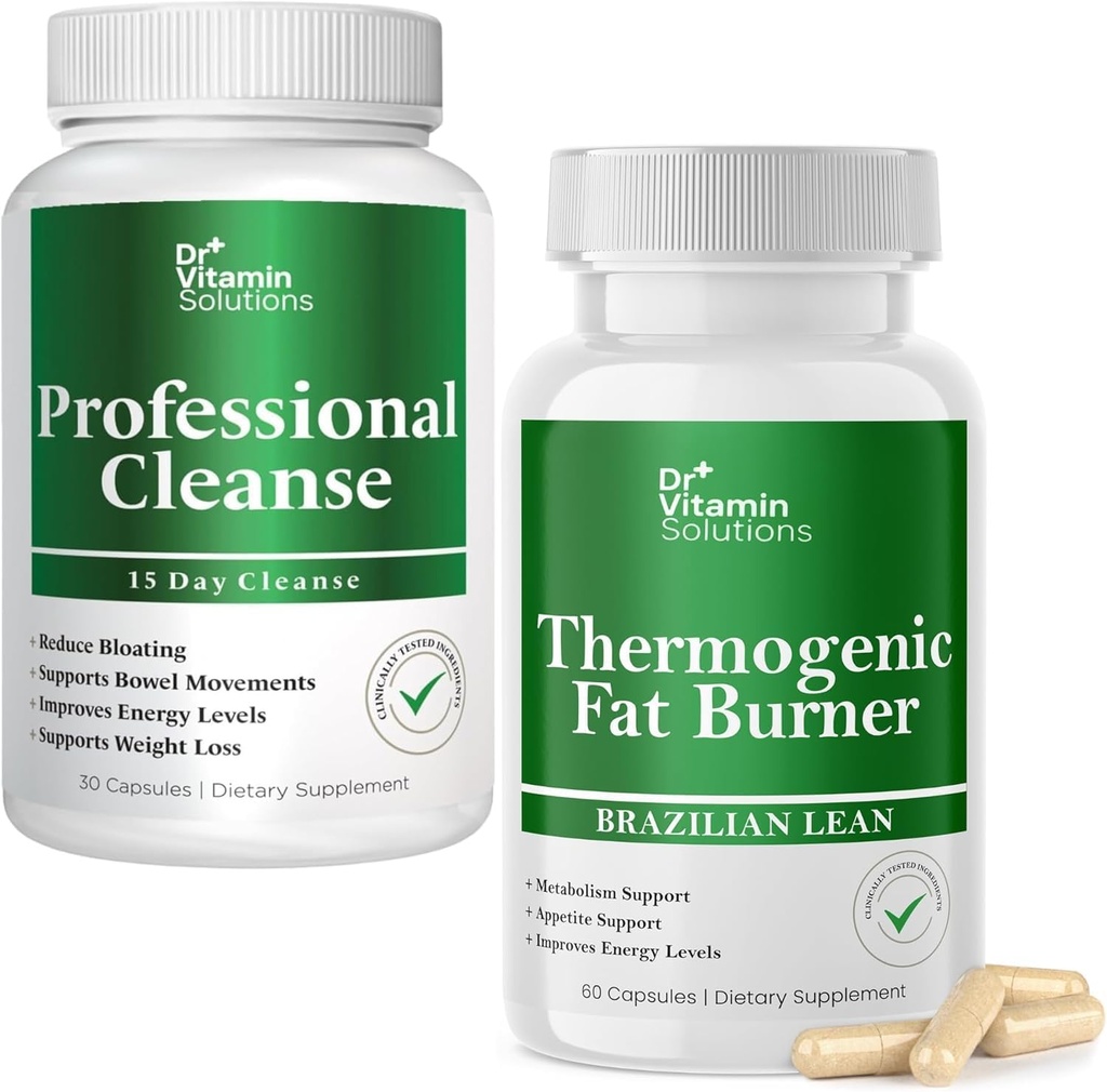 DR VITAMIN SOLUTIONS Professional Detox Cleanse and Thermogenic Fat Burner Bundle - 15 Day Cleanse for Weight Management, Gut Health, and Bloating Relief - 2-Pack of Each