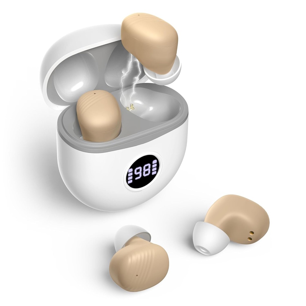 Hoortoestellen, oplaadbare hoortoestellen voor senioren met geluidsannulering, klein in oor Geen piepende gehoorversterkers Update Maximum Gain 40dB met Oval Charging Case LED Power Display, Beige
