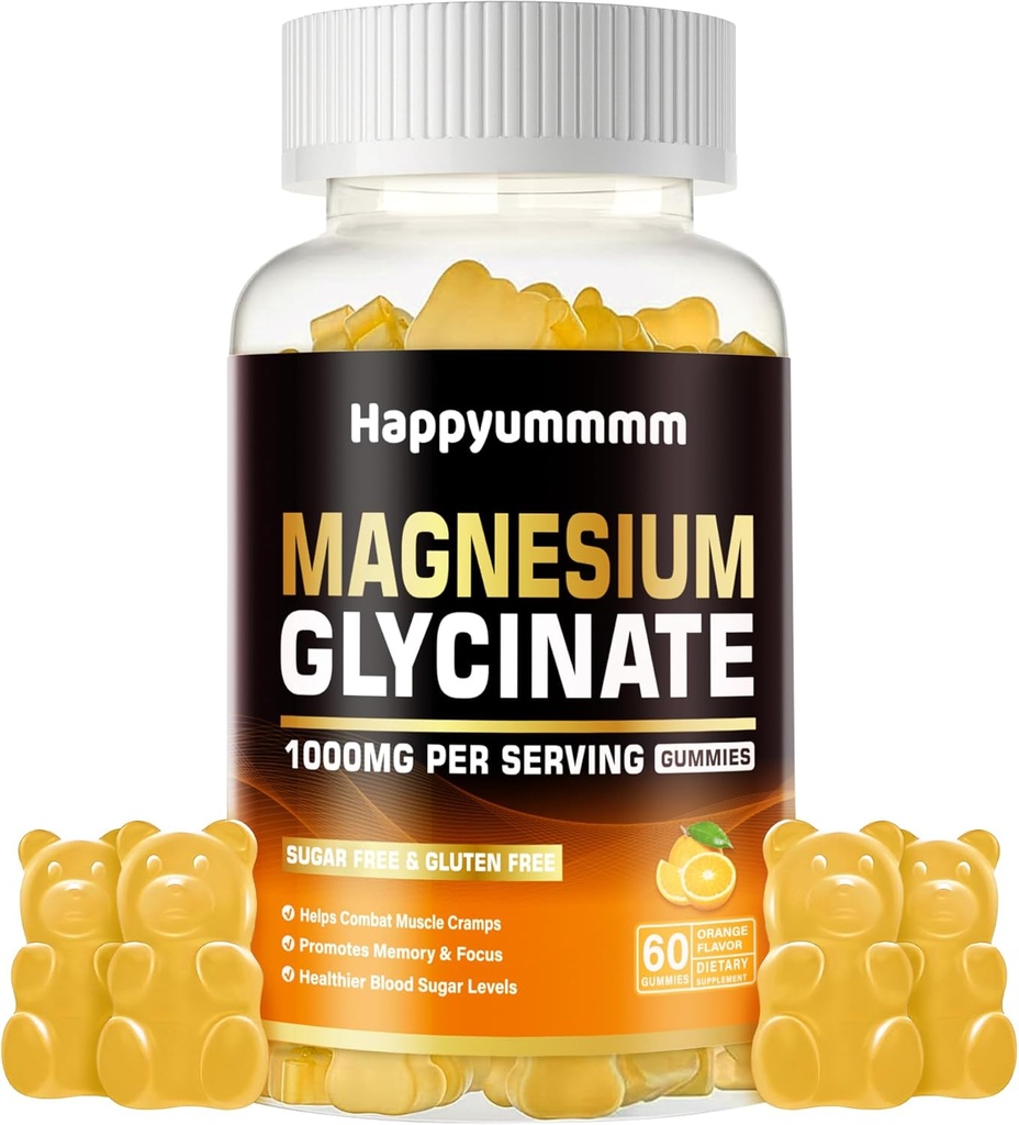 Magnesium Glycinate Gummies 1000mg - Suikervrij Magnesium Kalium Supplement met Vitamine D, B6, CoQ10 voor Kalm Mood & Slaap Ondersteuning - 60 Oranje Gummies