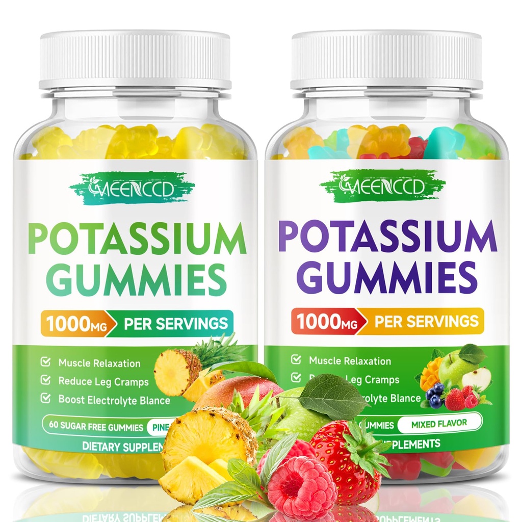Kalium citraat Gummies 1000mg, Hoge Potentie Kalium Supplement Gummies voor Volwassenen Vrouwen en Mannen, Kalium Gummies Ondersteuning Been Krampen en spier gezondheid, Ananas en gemengde fruit smaak