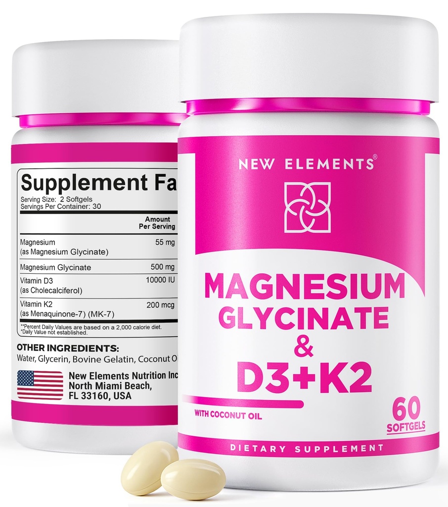 Magnesium Glycineer 500 mg met vitamine D3 10.000 IE & vitamine K2 200mcg Verbeterd met Kokosolie voor optimale absorptie, Glutenvrije, suikervrije softgels (60 softgels)