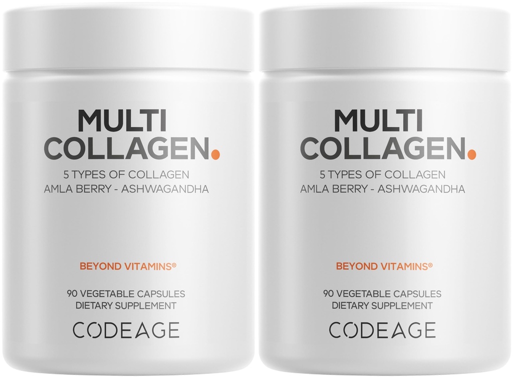 Codeage Multi Collagen Capsules – 5 Collagen Types I, II, III, V & X – Hydrolyzed Grass-Fed Bovine Protein with Ashwagandha, Amla, and Vitamins - 2-Pack