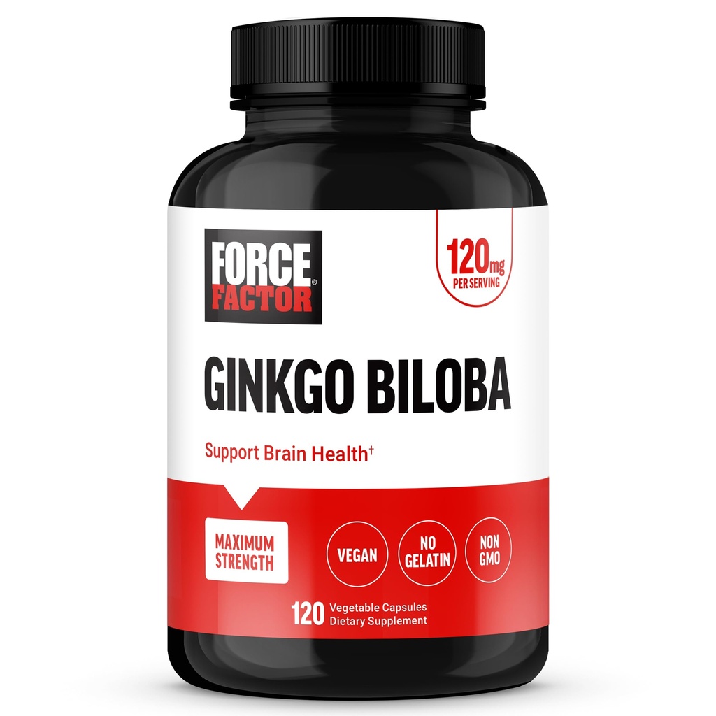 FORCE FACTOR Ginkgo Biloba 120 mg, Brain Health Supplement voor volwassenen, maximale sterkte Ginko Hersen Support en Cognitive Supplement, Vegan, Non-GMO, 120 capsules