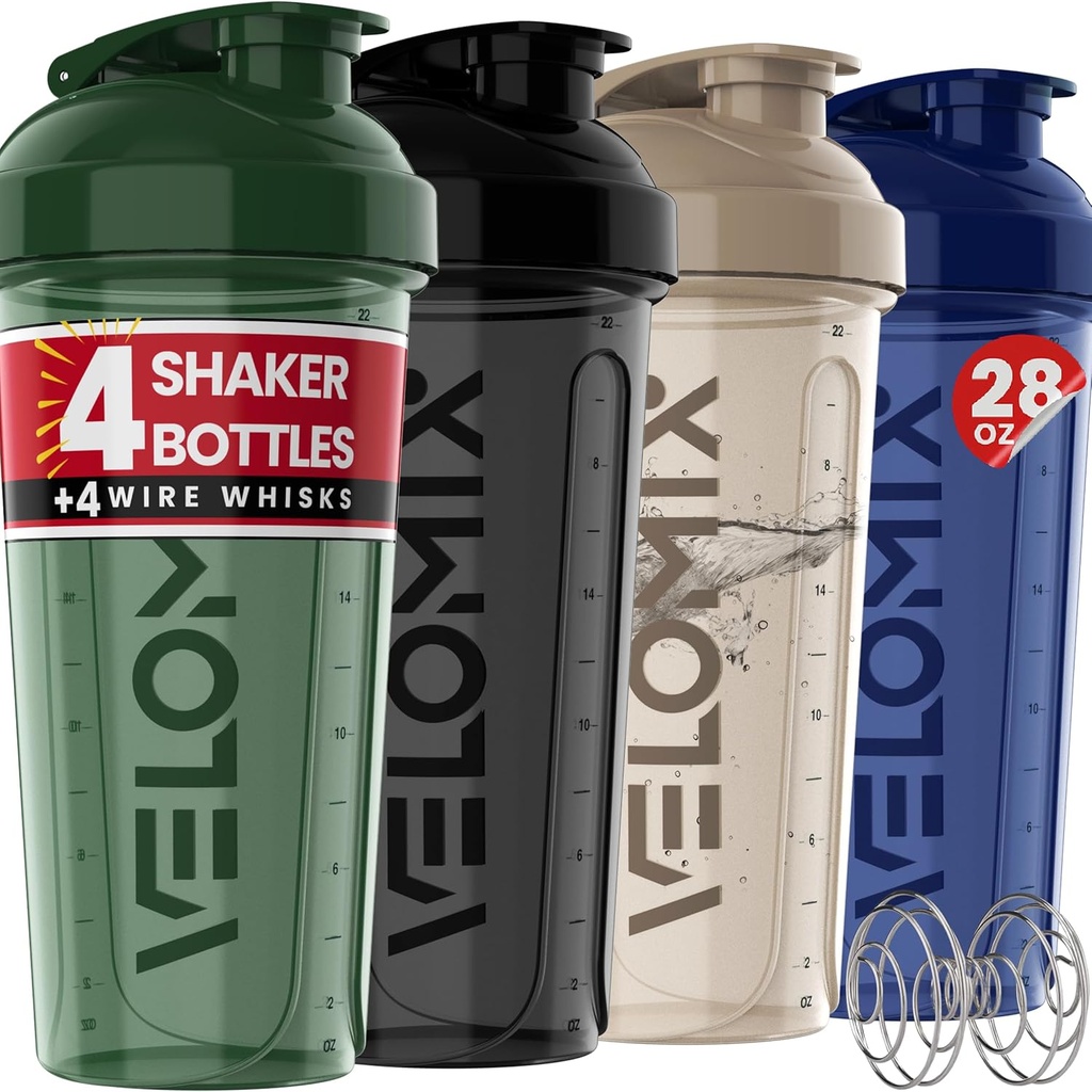 VELOMIX -4 PACK- 28 oz Shaker Cups voor Proteine Shakes - 4x Wire Whisk 