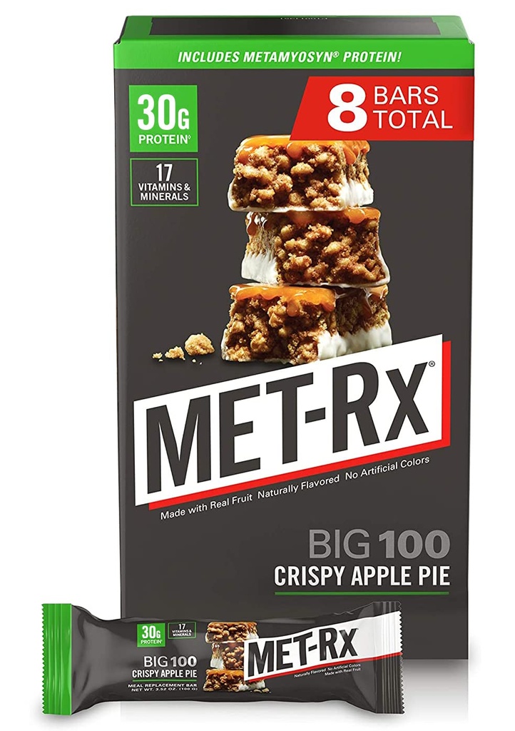 MET-Rx Big 100 Proteïne Bar, Maaltijd Vervanging, 30G Proteïne, Glutenvrij, Crispy Apple Pie, 3.52 oz. ea, 8 Tellen (Verpakking mei Vary)