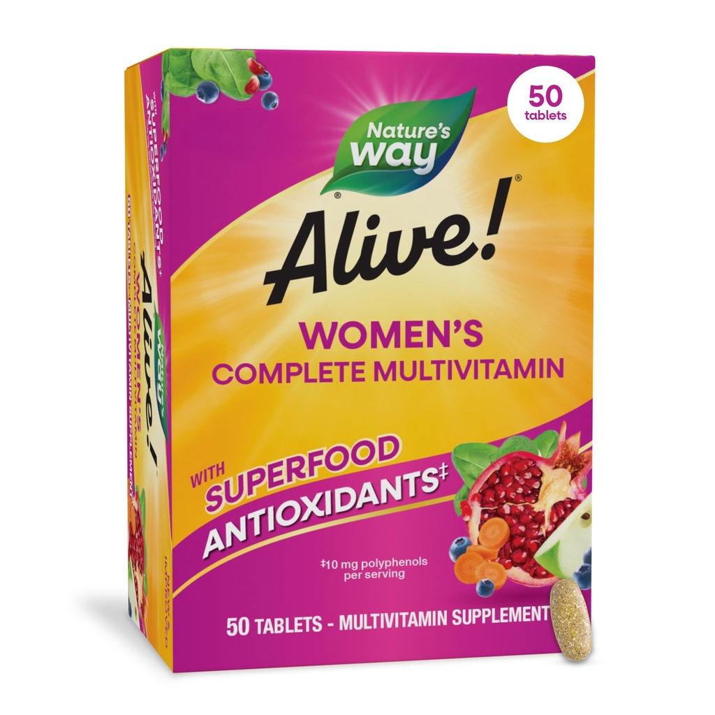 Nature's Way Alive! Dagelijkse Complete Multivitamine voor Vrouwen, Ondersteunt Energie Metabolisme, Haar, Huid & Nagels*, B-Vitaminen, Superfood Antioxidanten, 50 Tablets (Verpakking mei Vary)