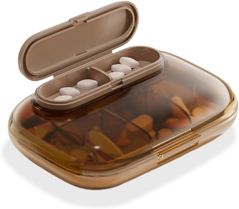 Kleine 7 dagen pil geval, Compacte Wekelijkse Vitamine Box, Portable Travel Pill Dispenser, Stijlvolle Medicijnen & Supplementen Organisator (Brown)