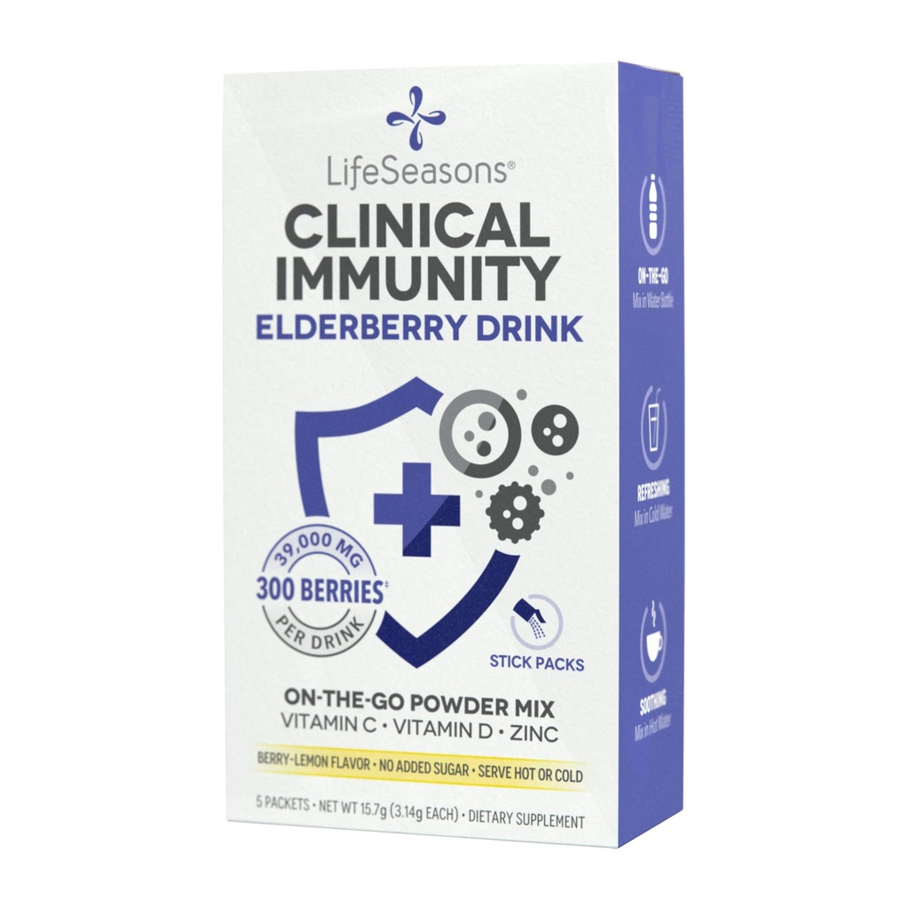 LifeSeasons Clinical Immunity - Vlierbes Drink Mix - Beschermt & Fights for Healthy Immune Response - Immunity Booster - 3X Better Than Vitamin C - Serve Hot or Cold - Vitamin C + D + Zink - (5 Pack)