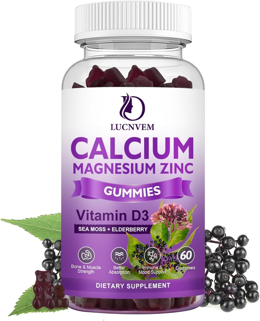 Suikervrij Calcium Magnesium Zink Gummies met Vlierbessen en Zee Mos, Calcium Magnesium 2:1, Magnesium Glycinate, Kalium en Vitamine D3 voor Bones, Spieren, Kalm Mood & Slaap Ondersteuning, 60 Gummies