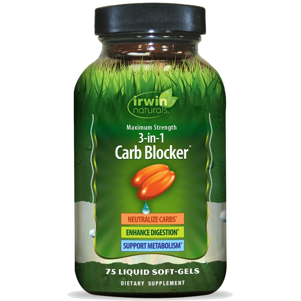 Irwin Naturals Maximale sterkte 3-in-1 Carb Blocker, Neutraliseren Koolhydraten en Ondersteuning Metabolisme, 75 Liquid Softgels, 2 Pack