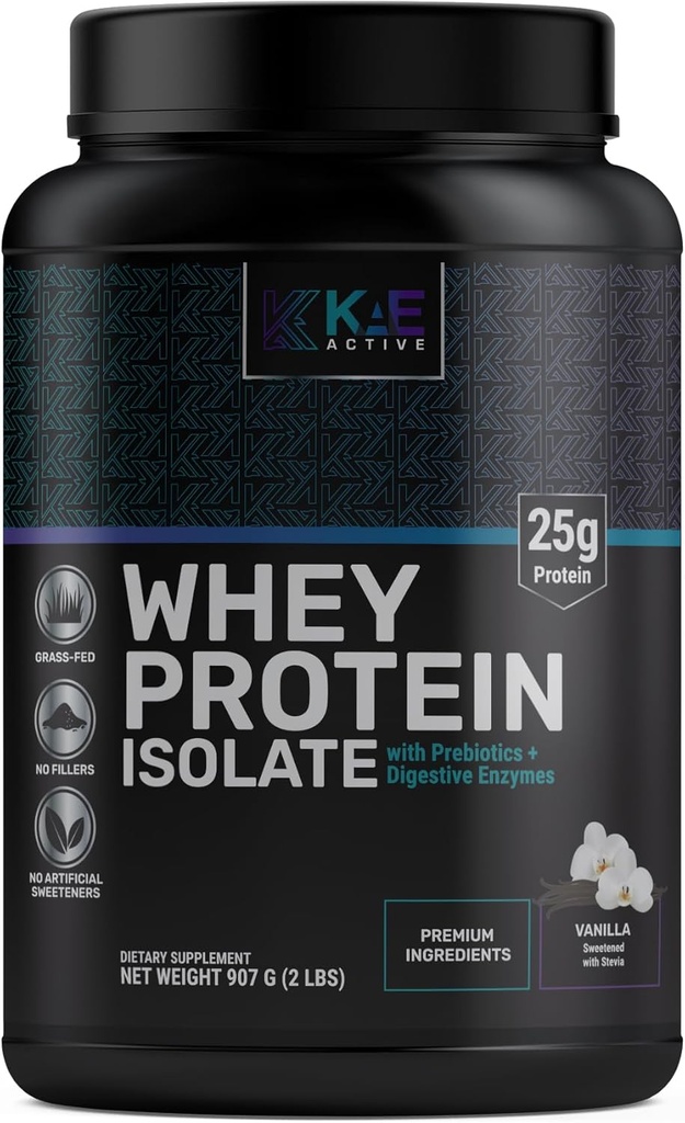 KAE Actief Gemakkelijk te onderscheiden Vanille Grass-Fed Wei Proteine Isolaat Poeder. Schone Formule met slechts 5 ingrediënten. 25 gram eiwit.