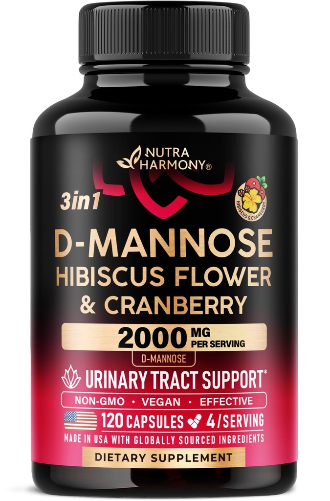 D-Mannose 2000mg met Cranberry & Hibiscus - Klinisch geteste sterkte voor urinetrekgezondheid - Supplement voor vrouwen - Blader, lever & Microflora Ondersteuning - Made in USA - Vegan, 120 Capsules