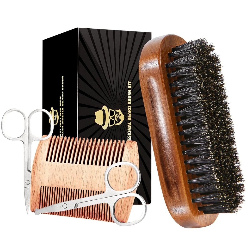Sosoon Boar Bristle Beard Grooming Set voor mannen - Rechthoekige borstel, Comb, 2 snor schaar, Reistas