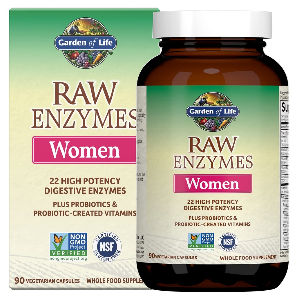 Tuin van het leven 22 Krachtige rauwe enzymen voor vrouwen met Papain, Bromelain, Lactase plus Probiotica en Vitaminen B12, Biotine en Zink, Dieetsupplement met spijsverteringsenzymen, Vegetarisch, 90 Capsules