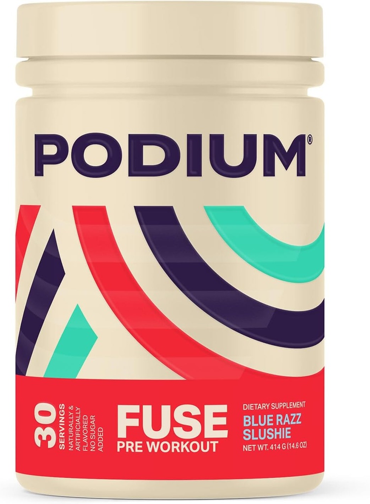 Podium Nutrition, Fuse Pre Workout Powder, Blue Razz Slushie, 30 Servings, Beta Alanine and Caffeine for Energy, Gluten Free, Soy Free, Dairy Free
