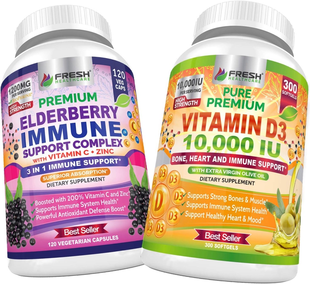 VERSE GEZONDHEIDSZORG Vlierbessen Immune Ondersteuning en Vitamine D3 10.000 IE - Bundel