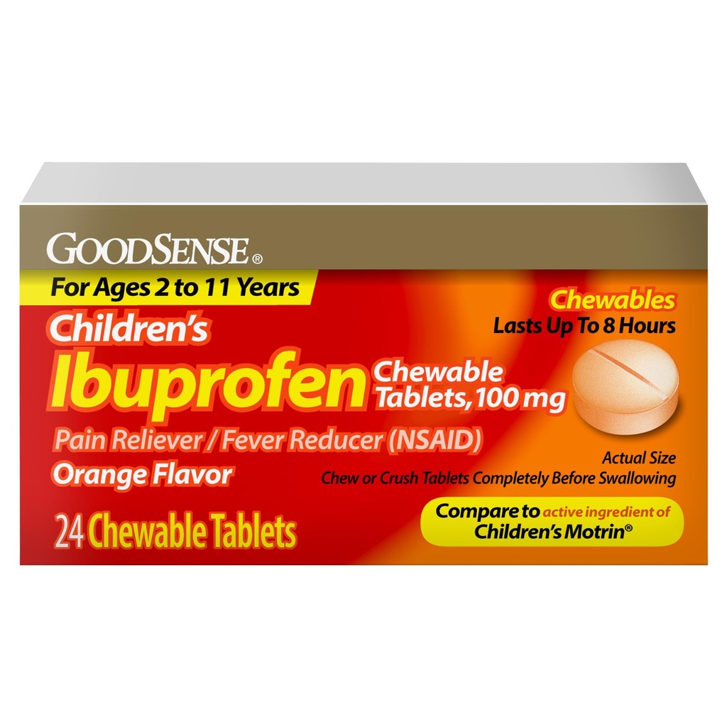 GoodSense Children's Ibuprofen Kauwtabletten, 100 mg, 24 telling, pijnstiller en koortsreducer (NSAID), tijdelijk vermindert koorts en verlicht lichte pijn en pijn