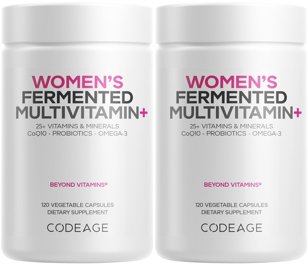 Codeage Vrouwen Dagelijkse Multivitamine, 25+ Vitaminen & Mineralen, Gefermenteerd, Biologische Geheel Voedigsmiddel, Probiotica Supplement - Vitamine A, B, C, D, E & K, Omega 3, Zink - 2 Pack